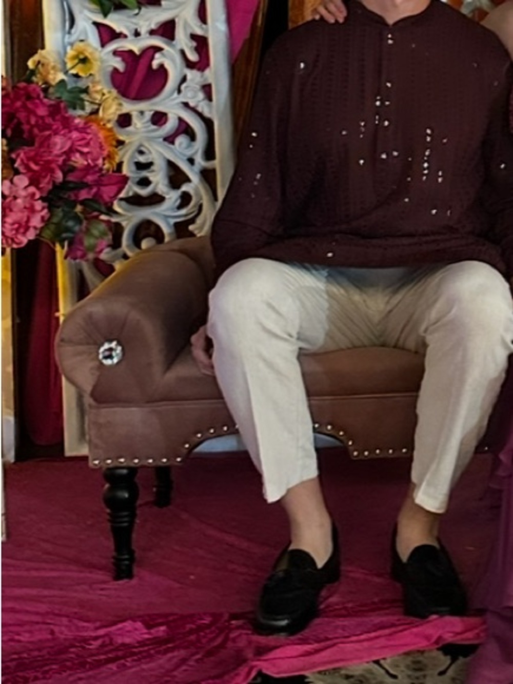 Men's sari palace kurta Long Sleeve Band Collar Shirt - Burgundy sequin - Picture 6 of 7